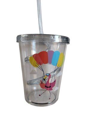 Kids Travel Cup Swirly Straw Tumbler Pink Flamingo Balloons Tropical Plastic